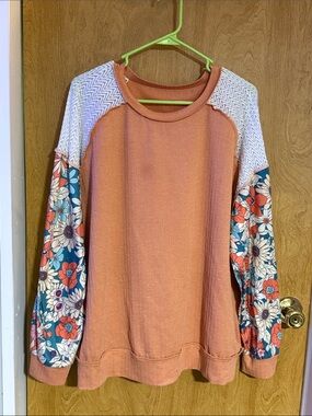 Women's Dusty Coral Pullover Top with Floral Sleeves